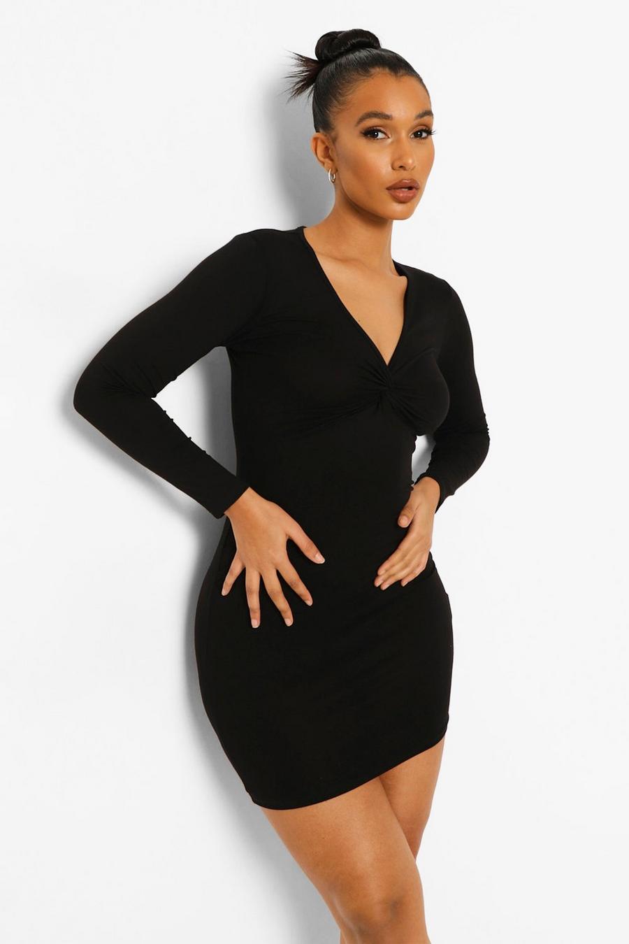 Black Basic Long Sleeve V Neck Mini Dress image number 1
