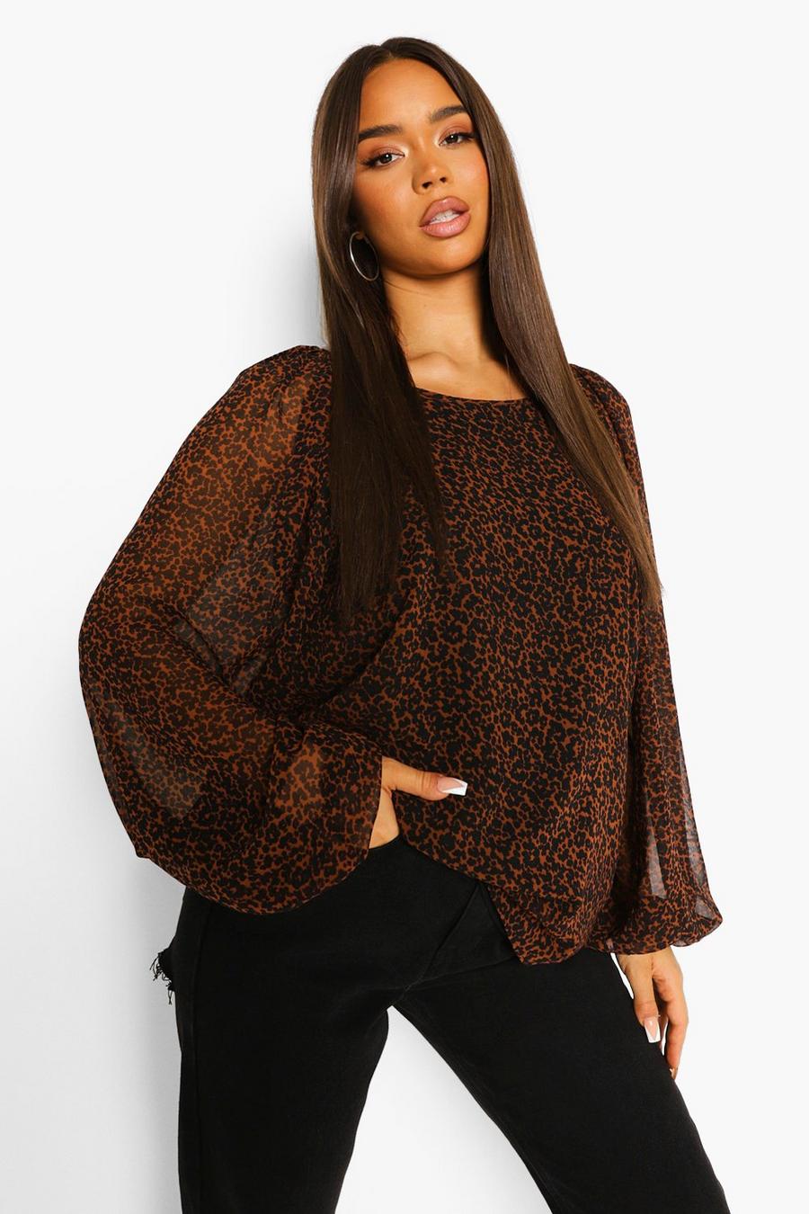 Brown Leopard Print Balloon Sleeve Blouse image number 1