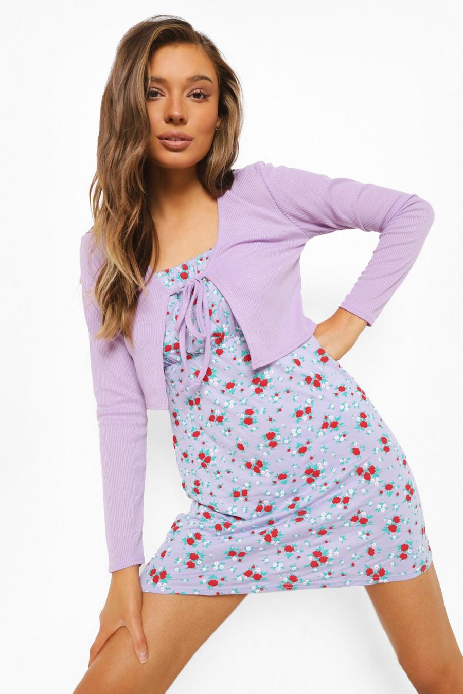 Lilac Ditsy Floral Slip Dress & Tie Front Cardigan image number 1