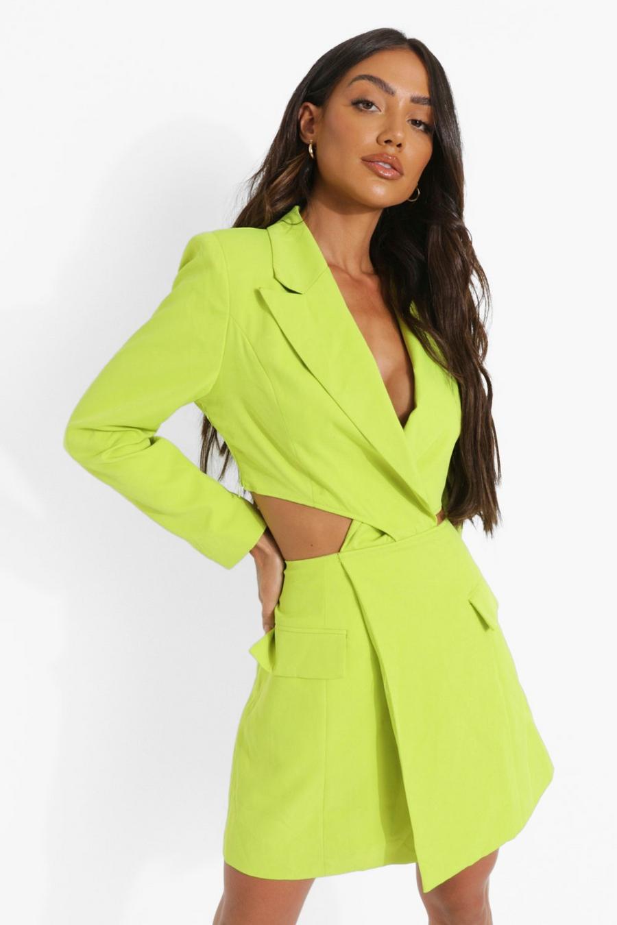 Lime green Twist Cut Out Pocket Detail Blazer Dress