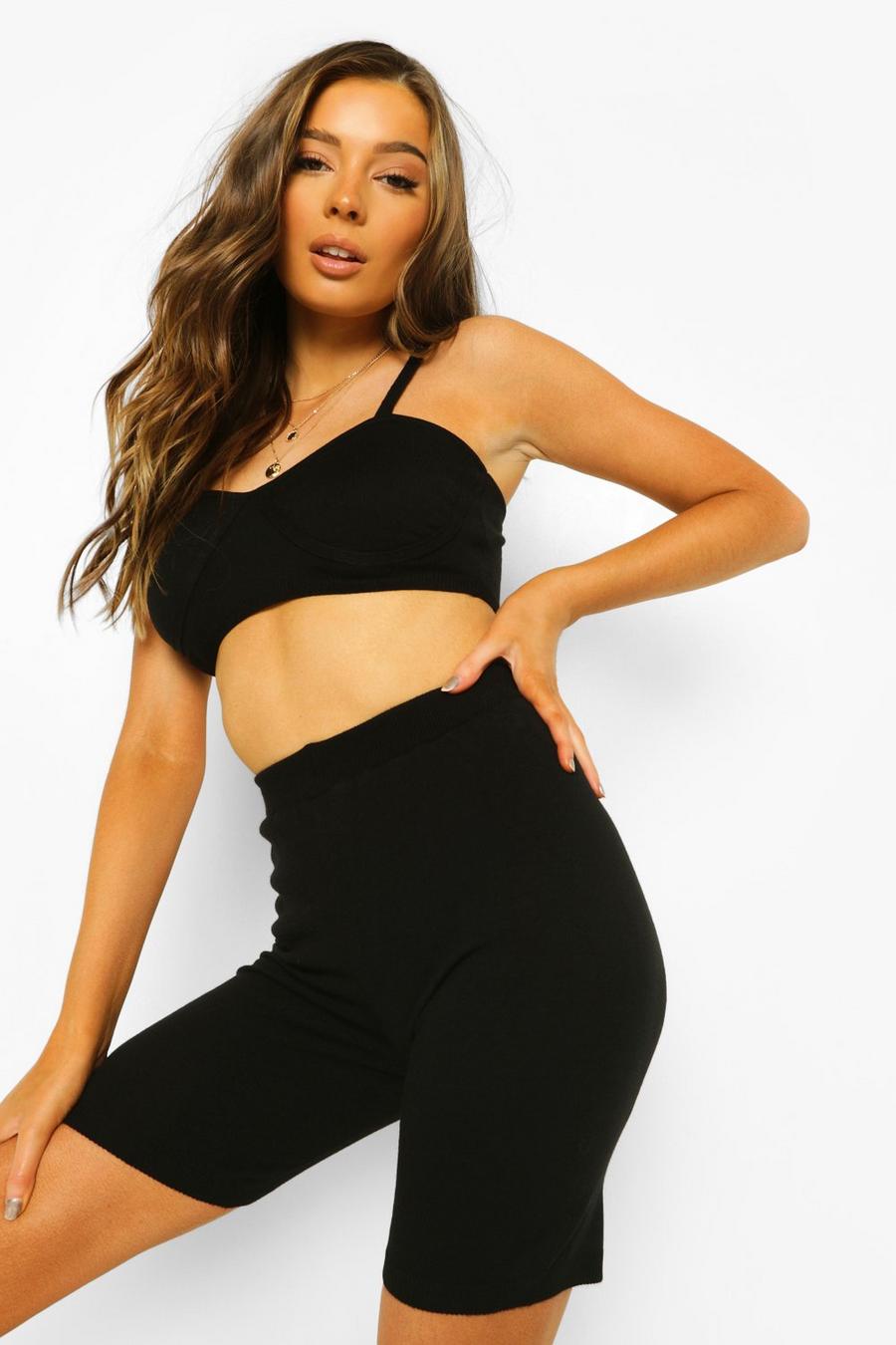 Black Knitted Bralet And Cycling Shorts Co-ord image number 1