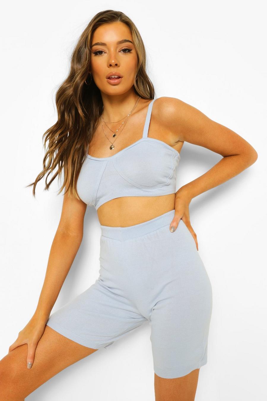 Blue Knitted Bralette And Cycling Shorts Co-Ord image number 1