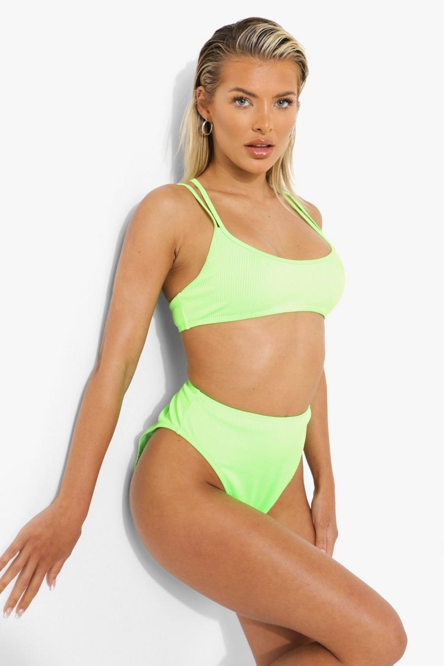 Green Ribbed Strappy Scoop Bikini Top image number 1