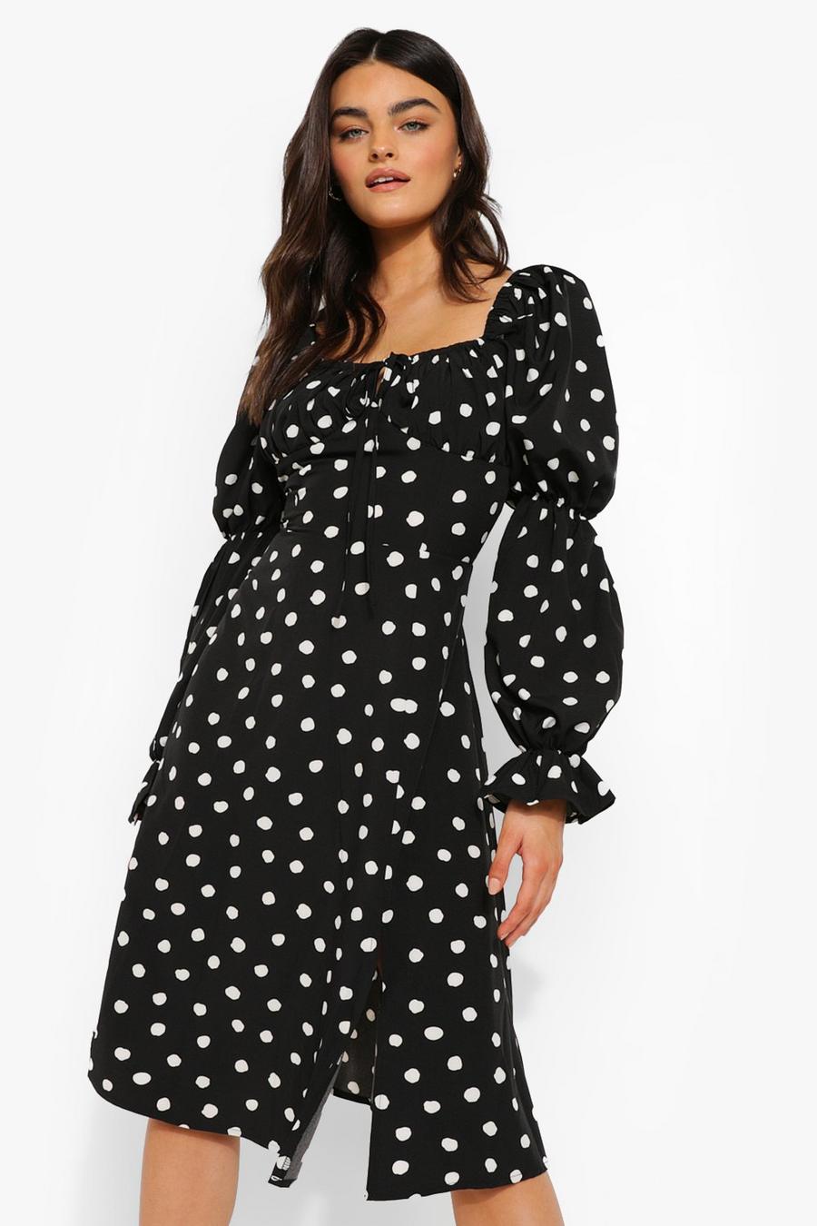 Black Polka Dot Puff Sleeve Midi Dress image number 1