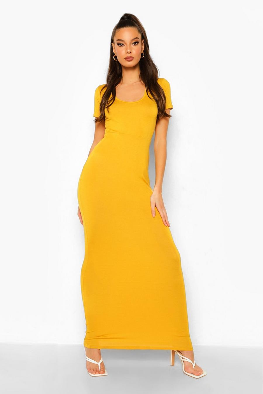 Mustard yellow Scoop Neck Short Sleeve Maxi Dress