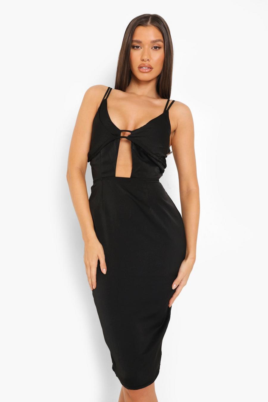 Black Satin Strappy Cut Out Tie Back Midi Dress image number 1