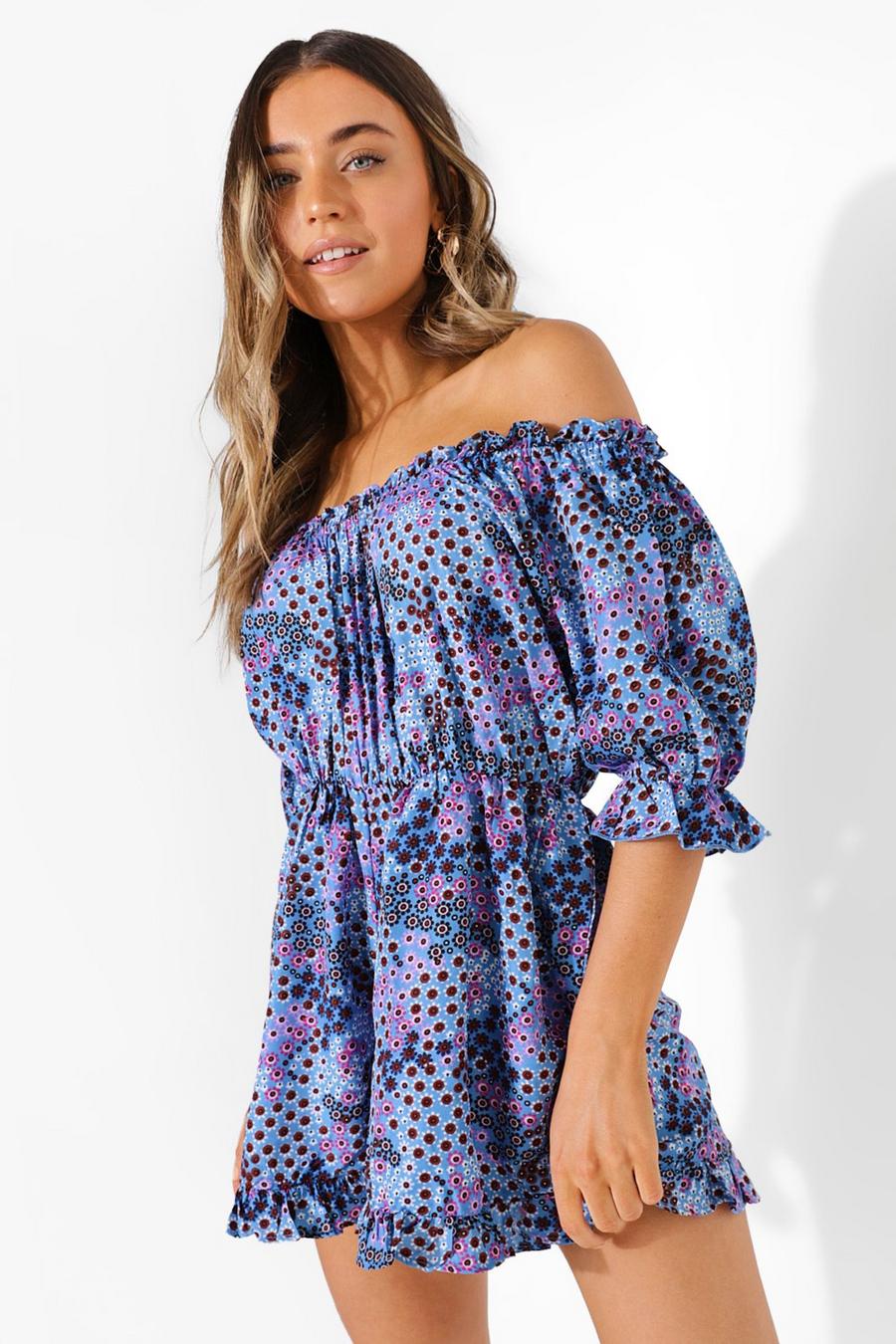 Blue Mixed Floral Off The Shoulder Ruffle Playsuit image number 1