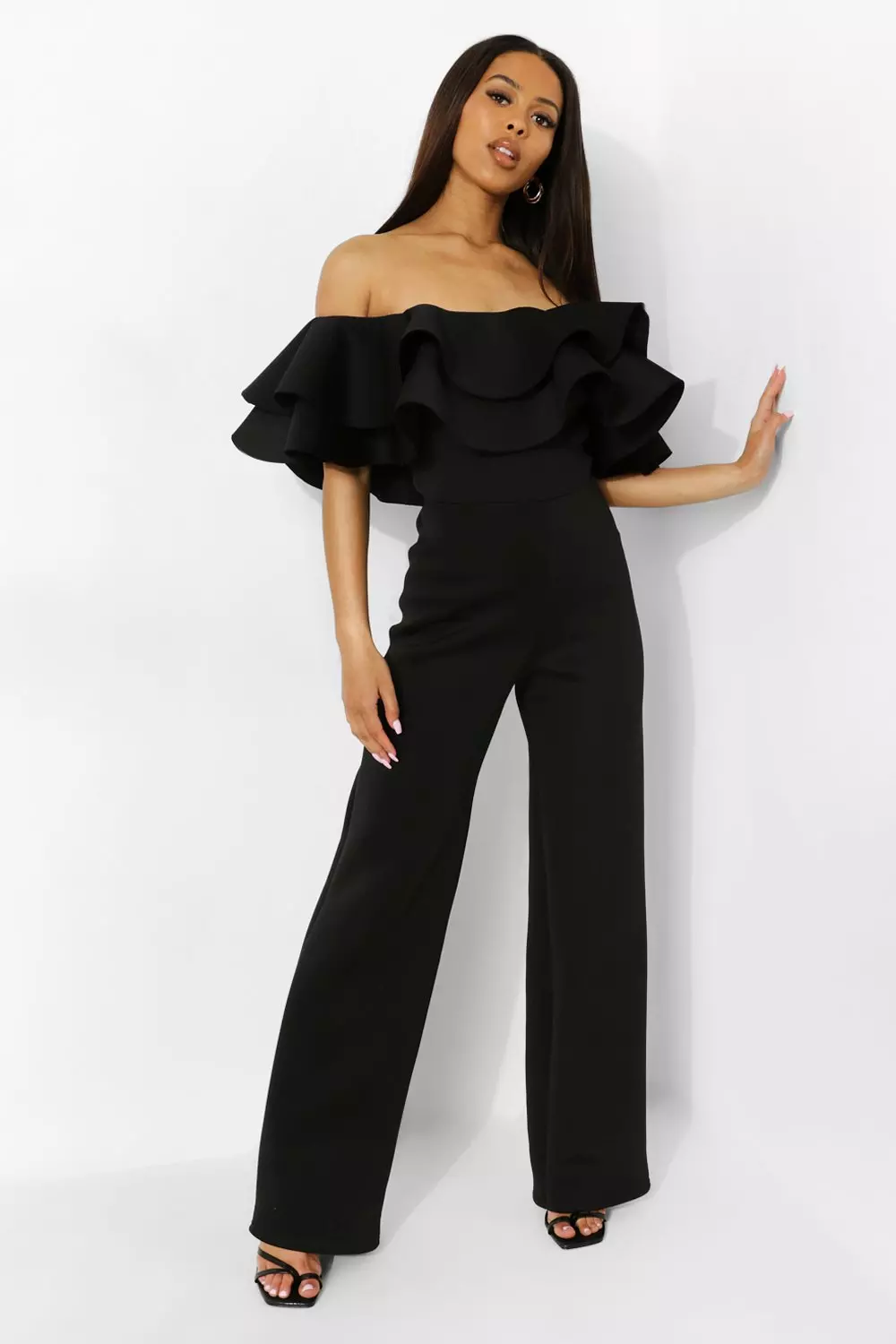 Black jumpsuit hot sale with ruffles