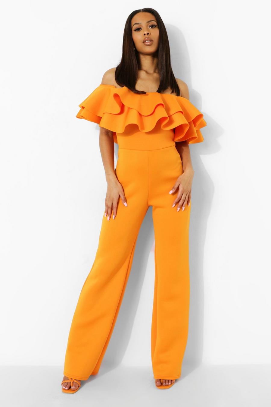 Orange Wide Leg Ruffle Bardot Scuba Jumpsuit image number 1