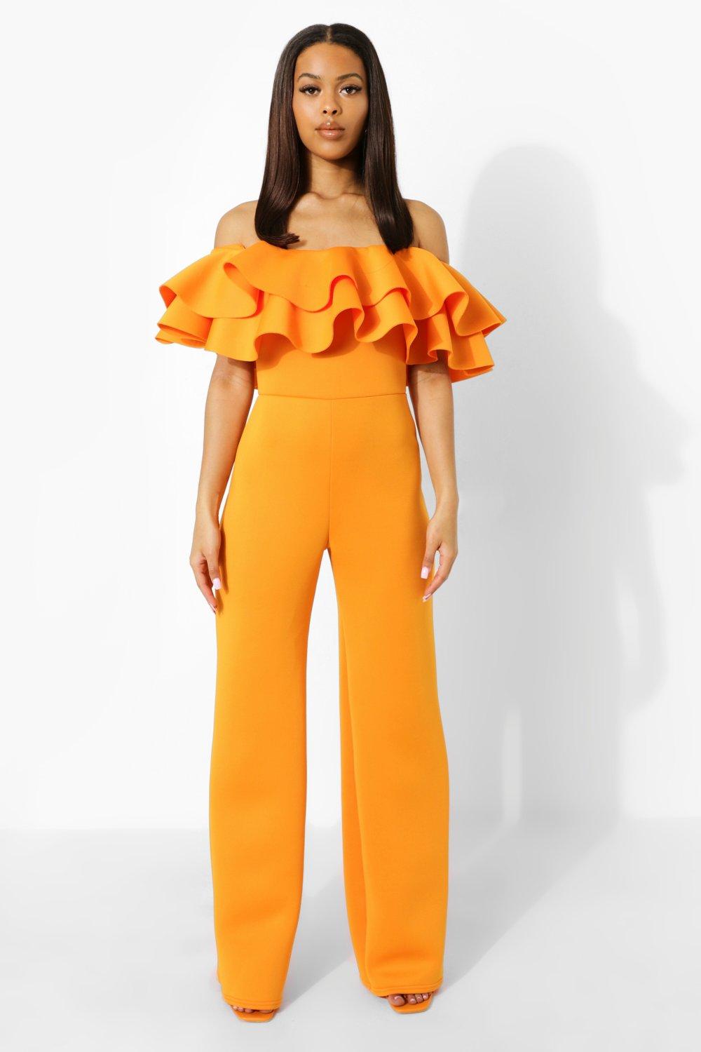 Wide Leg Ruffle Bardot Scuba Jumpsuit boohoo