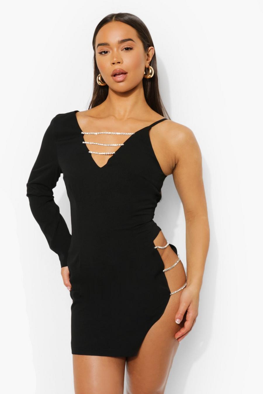 Black Diamante Cut Out Plunge One Sleeve Mini Dress image number 1
