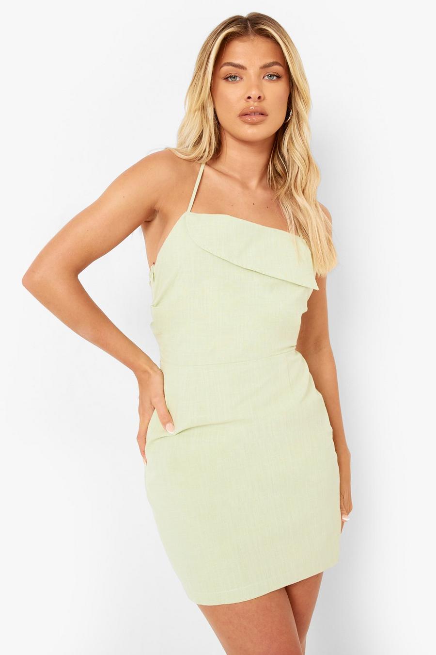 Sage green Linen Strappy Lace Up Back Mini Dress image number 1