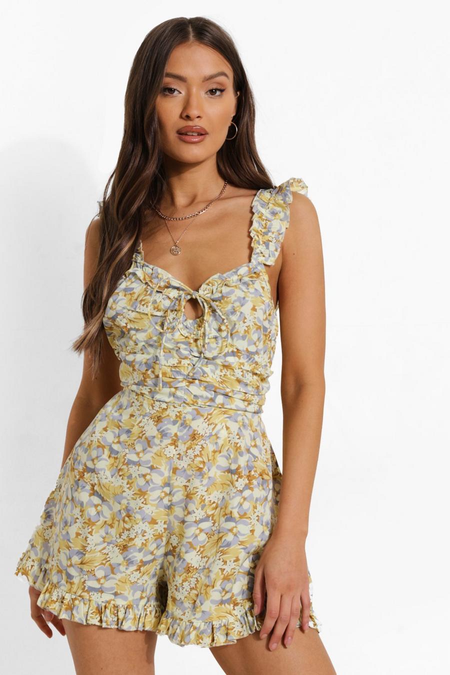 Mustard Floral Ruffle Strap Playsuit image number 1