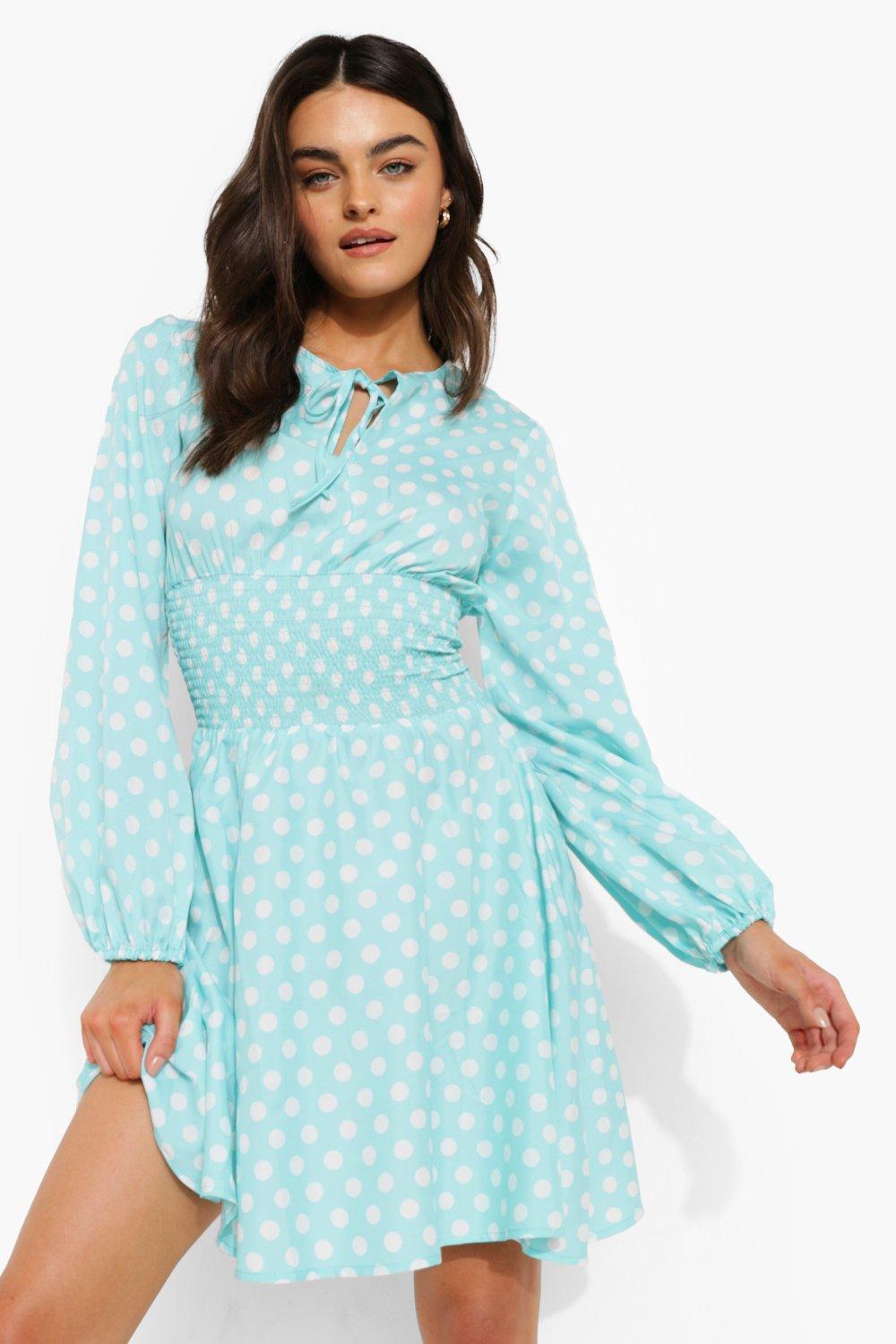 Polka Dot Blouson Sleeve Skater Dress boohoo FI