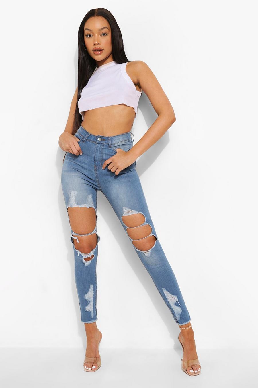 Mid blue Power Stretch Distressed Skinny Jeans image number 1