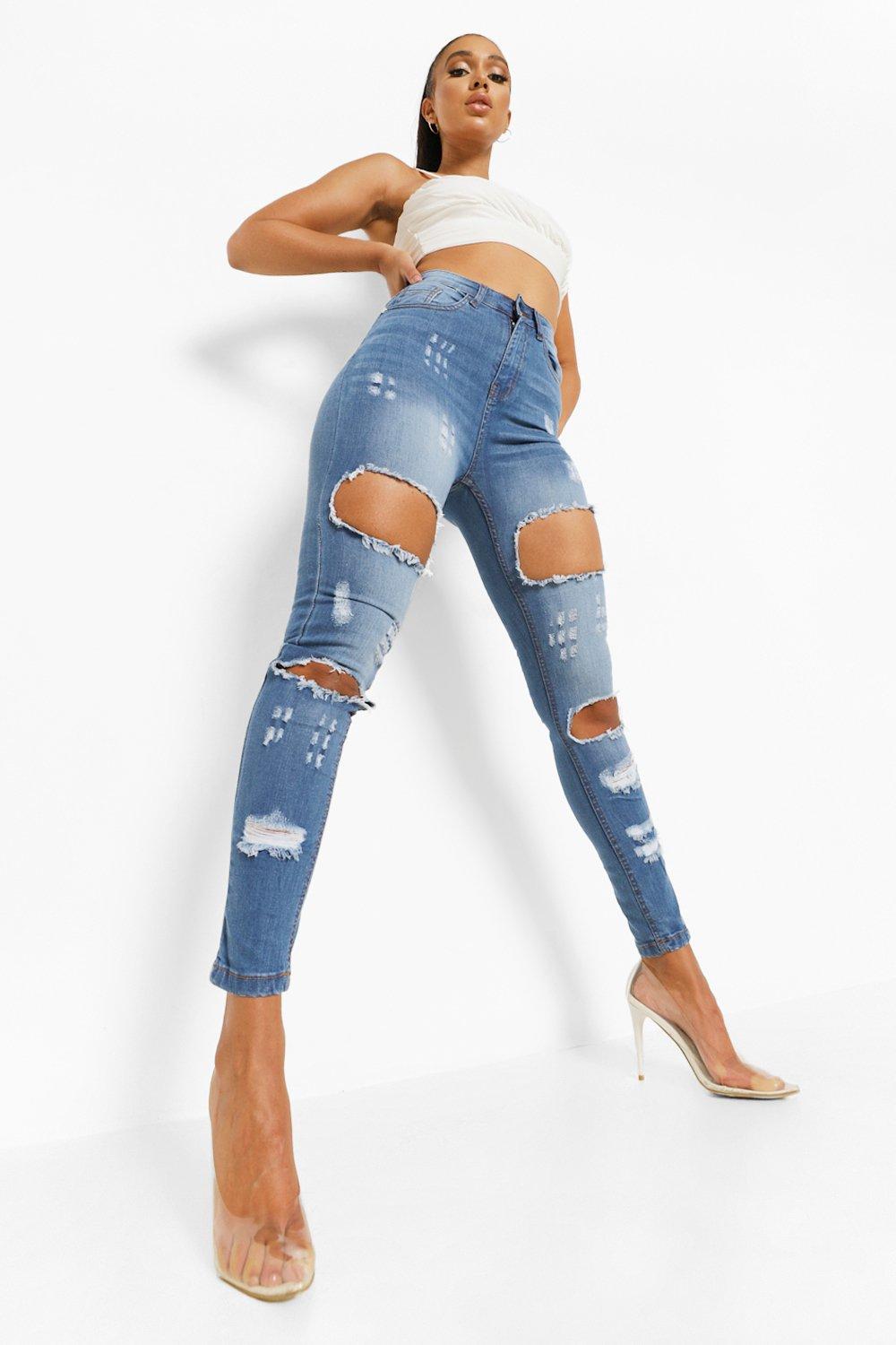 blue ripped skinny jeans high waisted