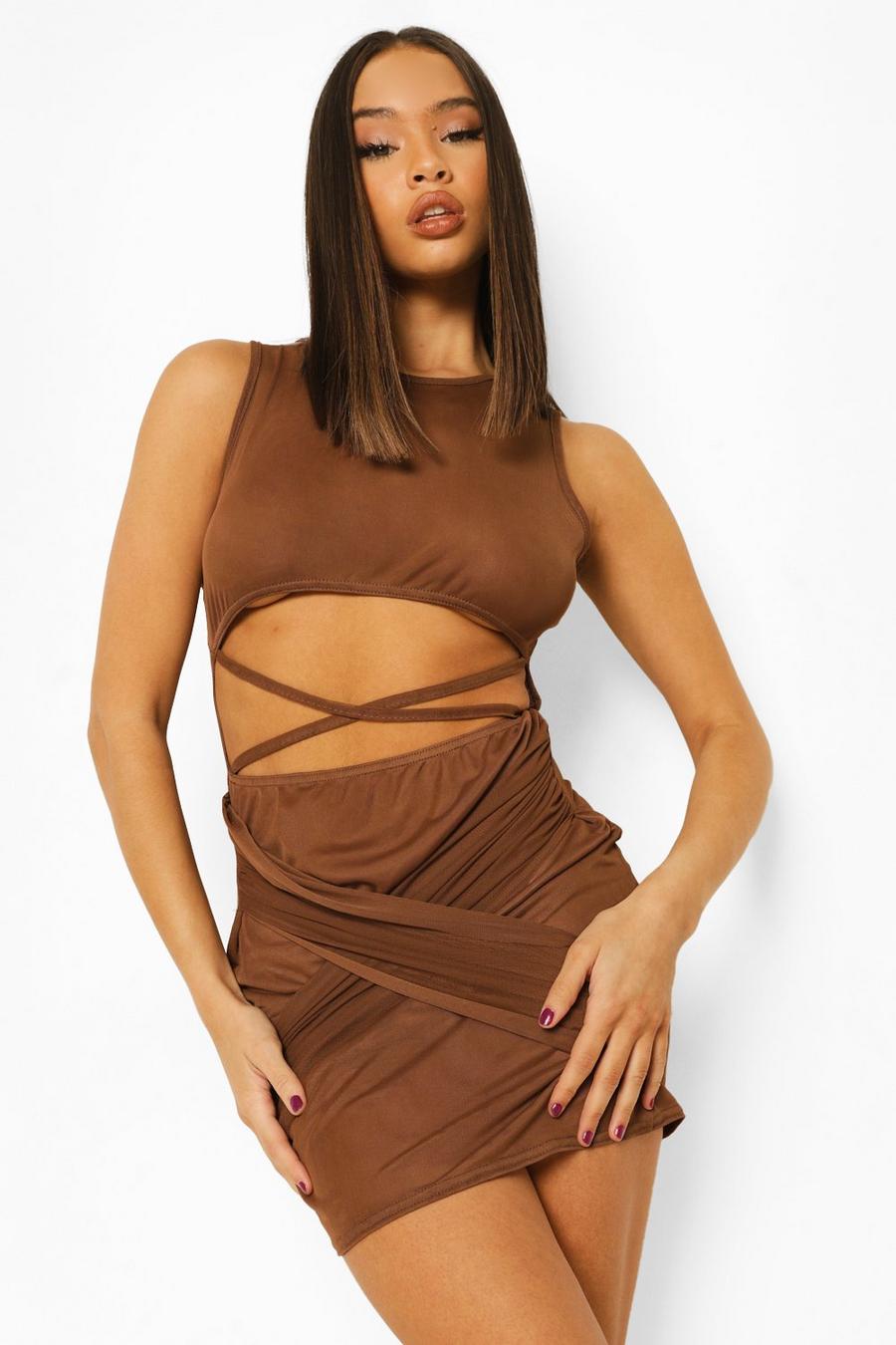 Chocolate Mesh Cut Out Racer Mesh Mini Dress image number 1