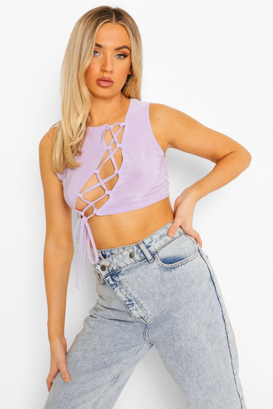 Lilac Sleeveless Lace Up Front Detail Crop Top image number 1