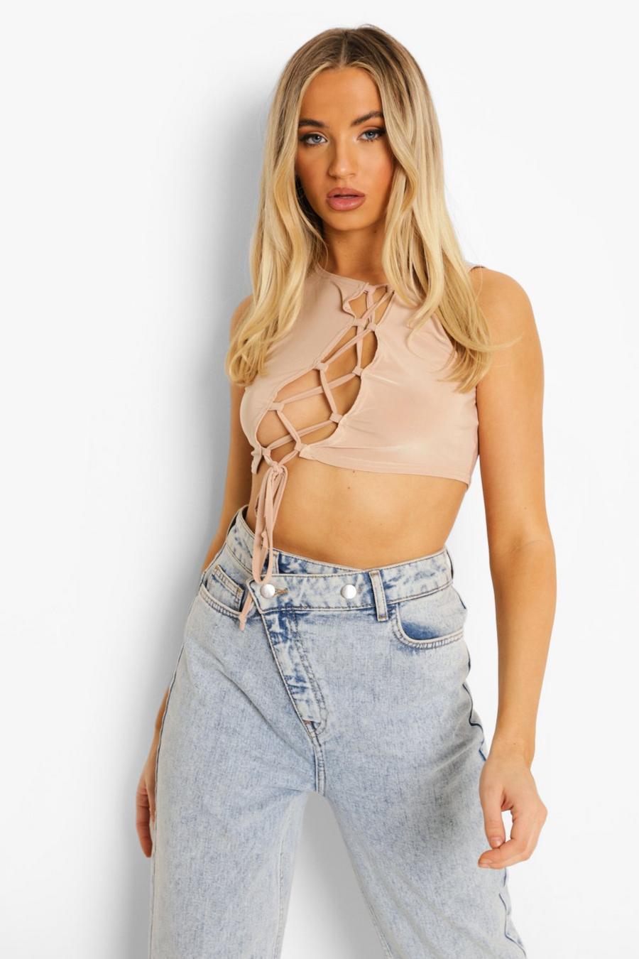 Stone Sleeveless Lace Up Front Detail Crop Top image number 1