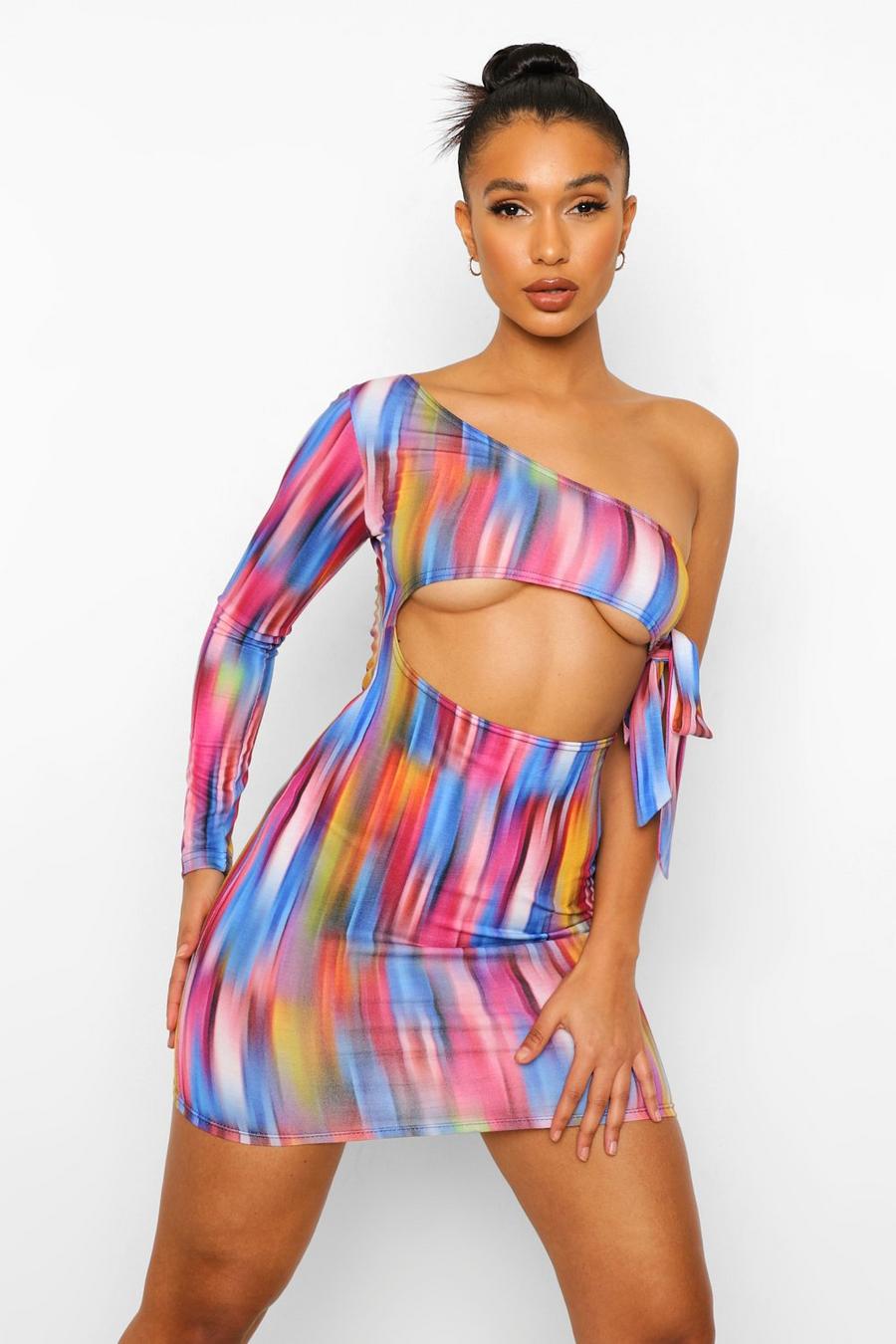 One-Shoulder-Mini-Kleid mit abstraktem Print, Mehrfarbig image number 1