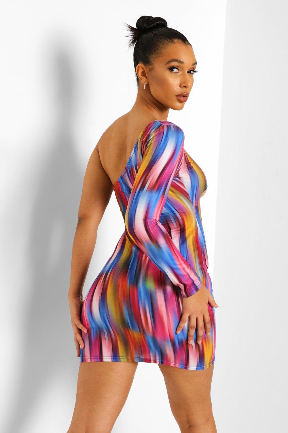 Abstract Print One Shoulder Mini Dress ...