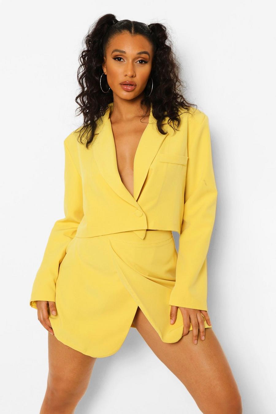 Yellow Wrap Front Tailored Cropped Blazer image number 1