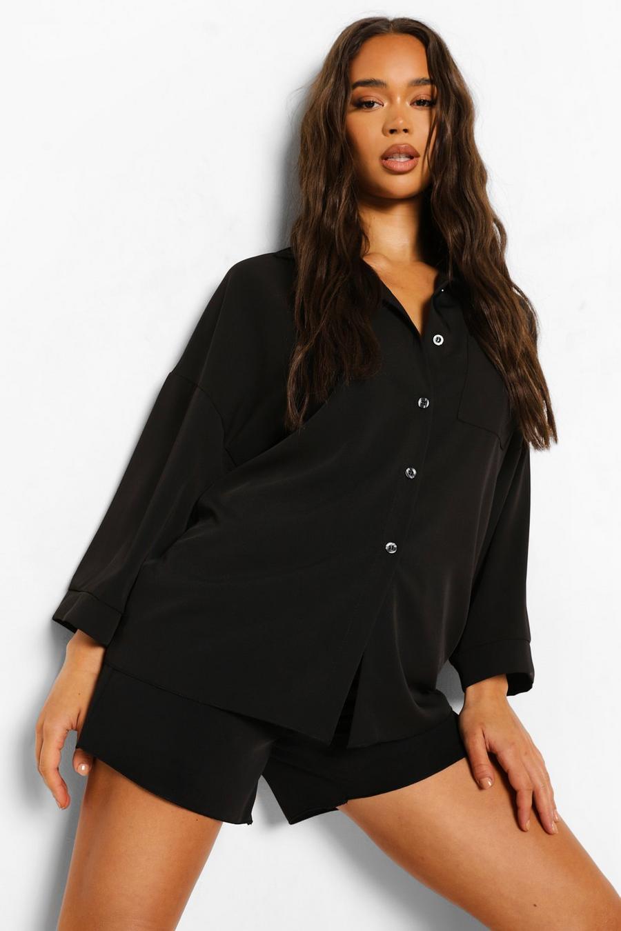 Black Satin Oversized Shirt & Relaxed Fit Shorts image number 1