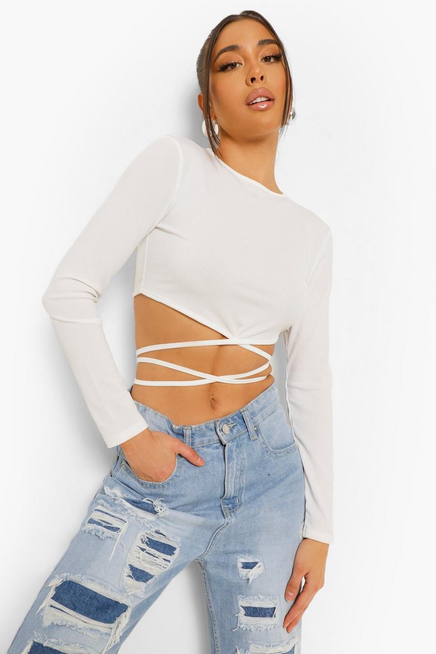 Ivory Rib Long Sleeve Cut Out Detail Crop Top image number 1