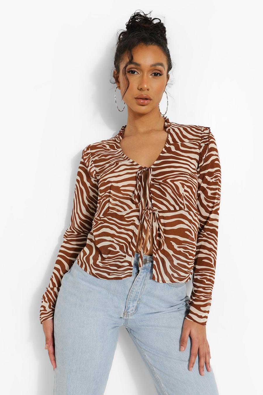 Brown Woven Tie Front Blouse image number 1