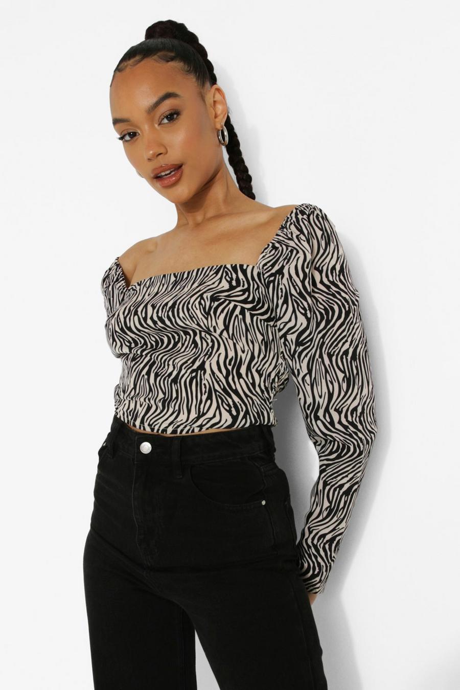 Black Woven Animal Print Square Neck Top image number 1