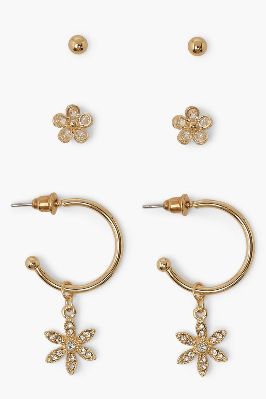 Gold Flower Hoop & Stud Earring Pack image number 1