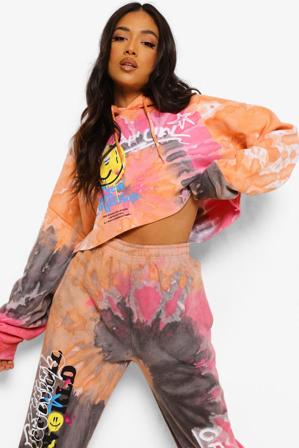 Women s Petite Tie Dye Graffiti Print Tracksuit Boohoo UK