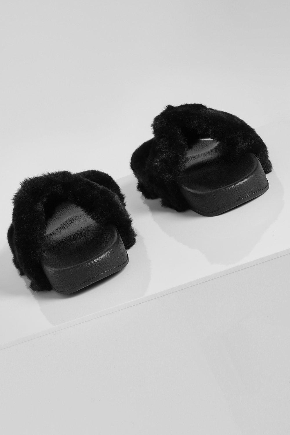 Black Faux Fur Strap Slides