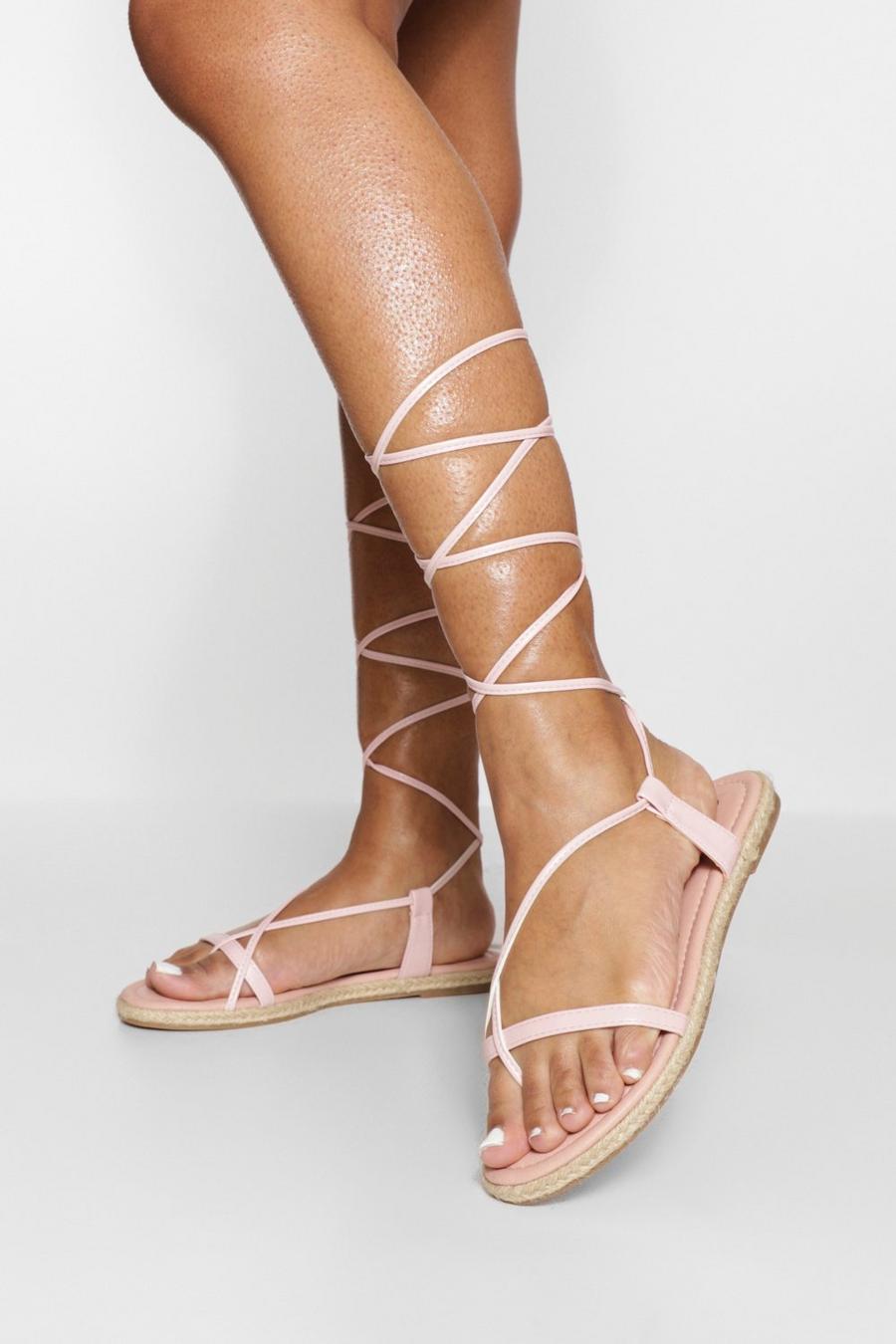 Pink Strappy Espadrille Lace Up Sandals image number 1