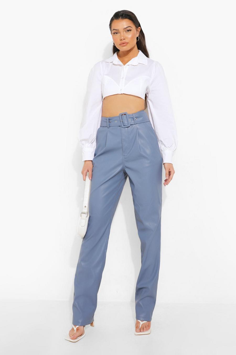 Blue Premium Belted Leather Look Pants image number 1