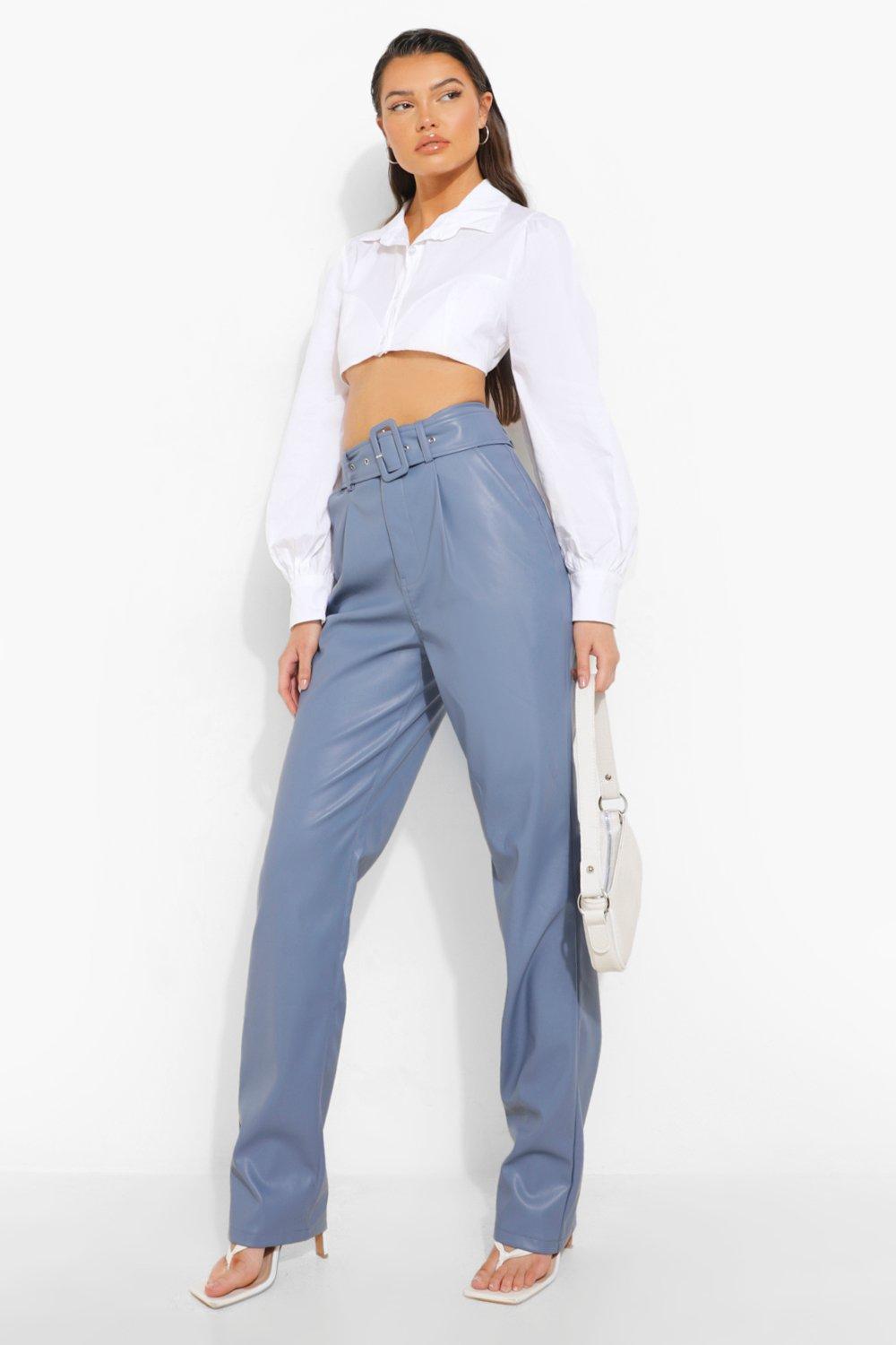 Faux Leather Belted Trouser in Sky blue