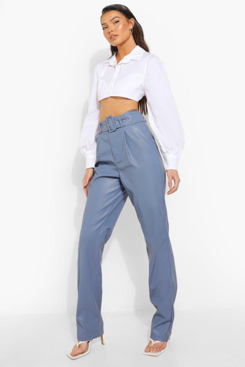 Faux Leather Belted Trouser in Sky blue