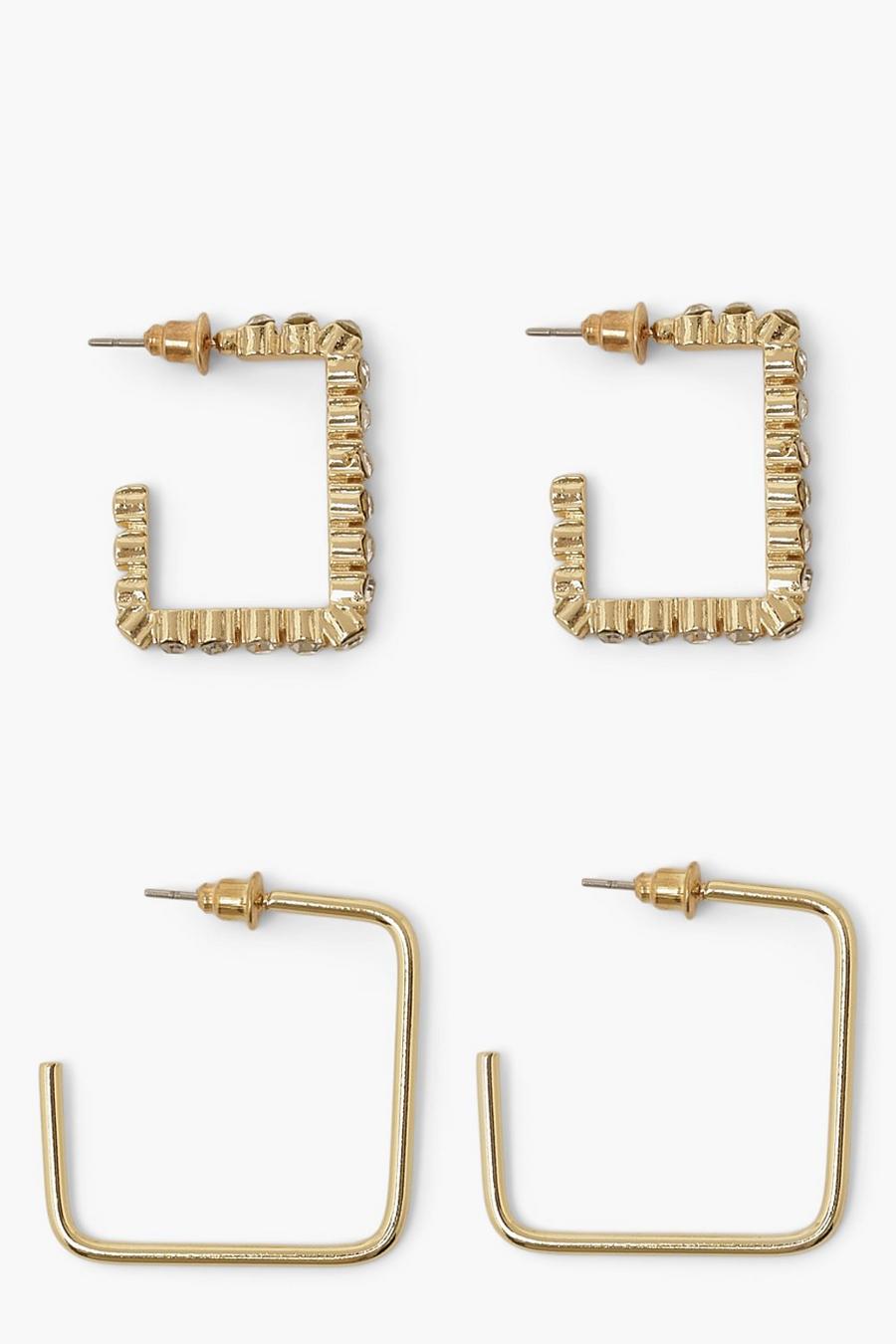 Gold Square Stud Smooth And Diamante Hoops image number 1