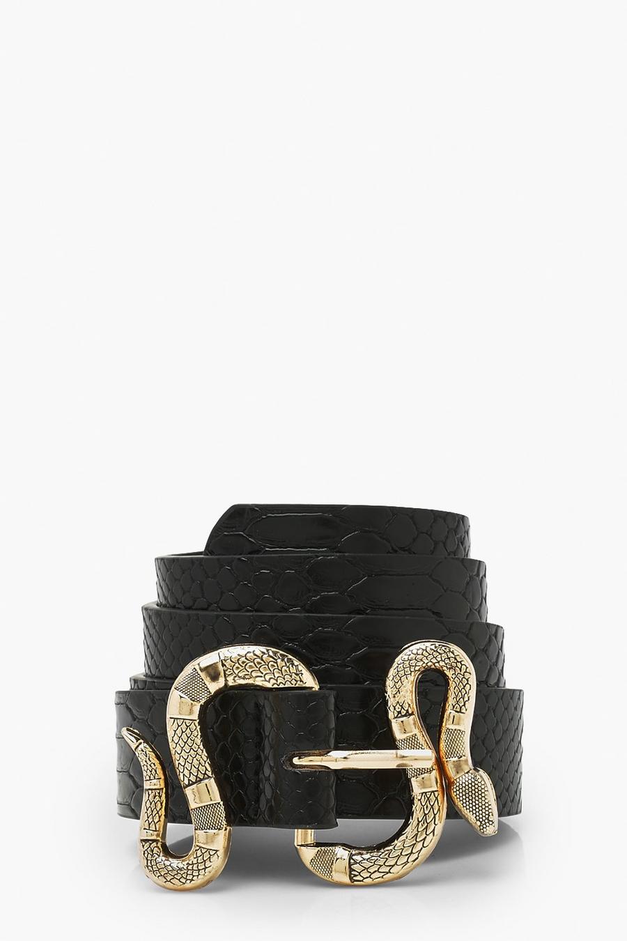Cinturón de cuero sintético con acabado de cocodrilo y hebilla de serpiente, Negro image number 1