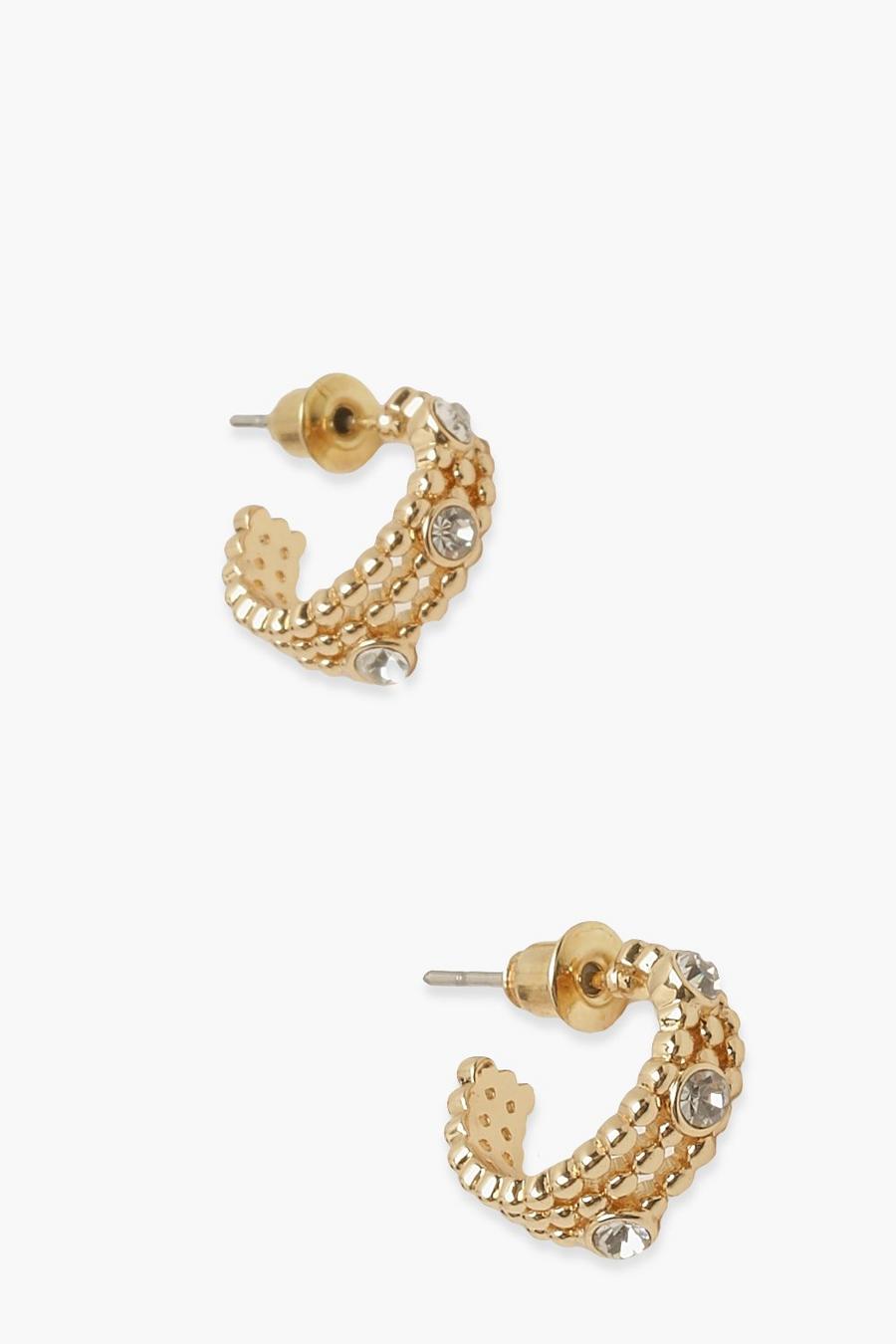 Gold Bobbled Rhinestone Hoop Earrings image number 1