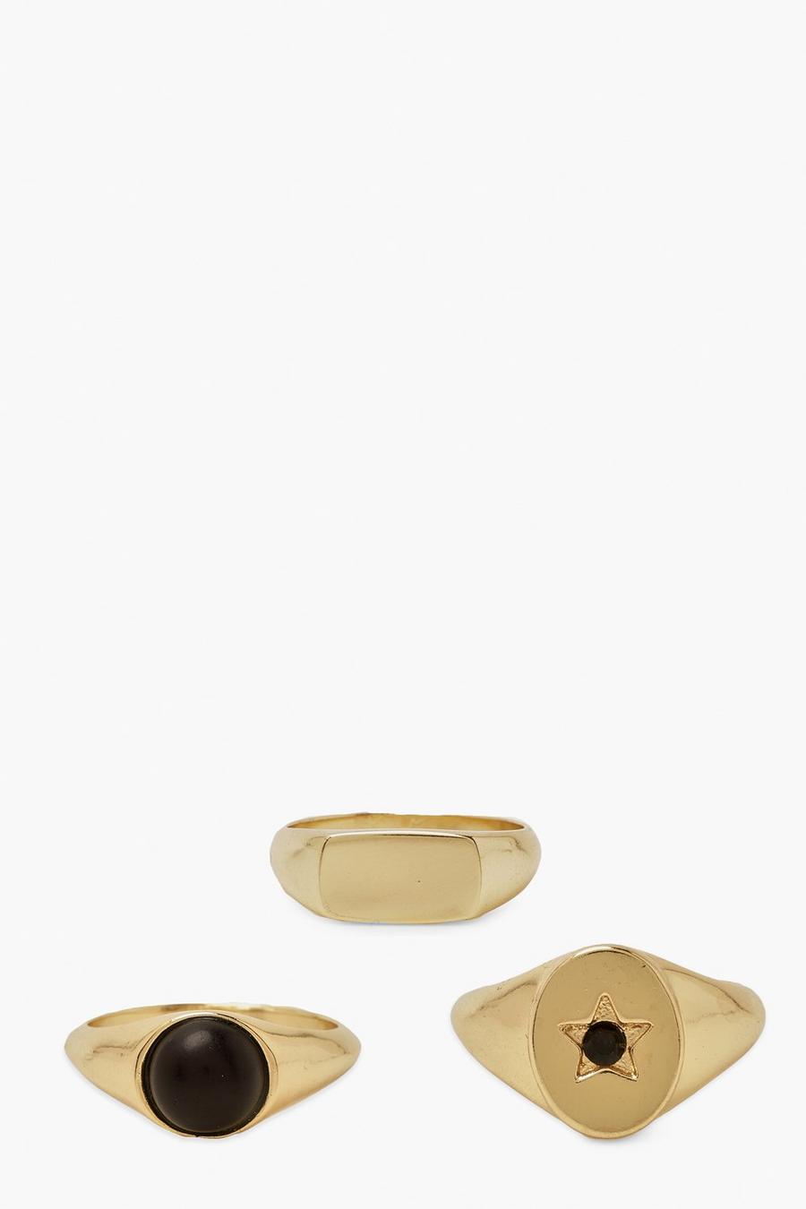 Confezione con anelli spessi con pietra nera , Oro image number 1