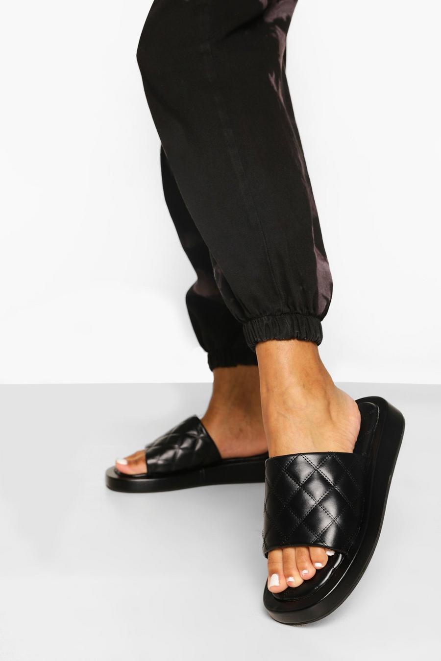 Black Chunky Quilted Sliders image number 1
