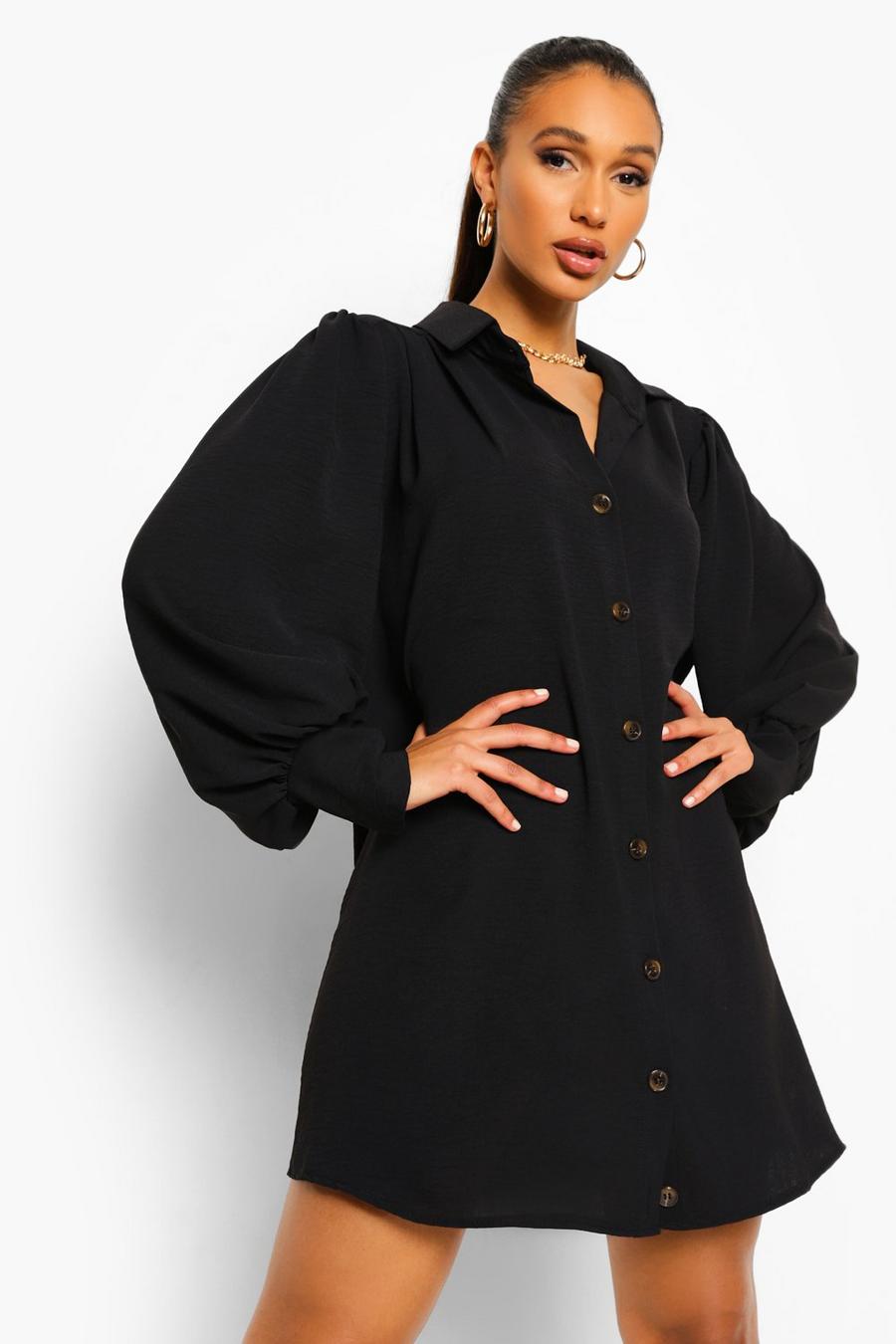 Black Balloon Sleeve Button Front Smock Shirt Dress image number 1