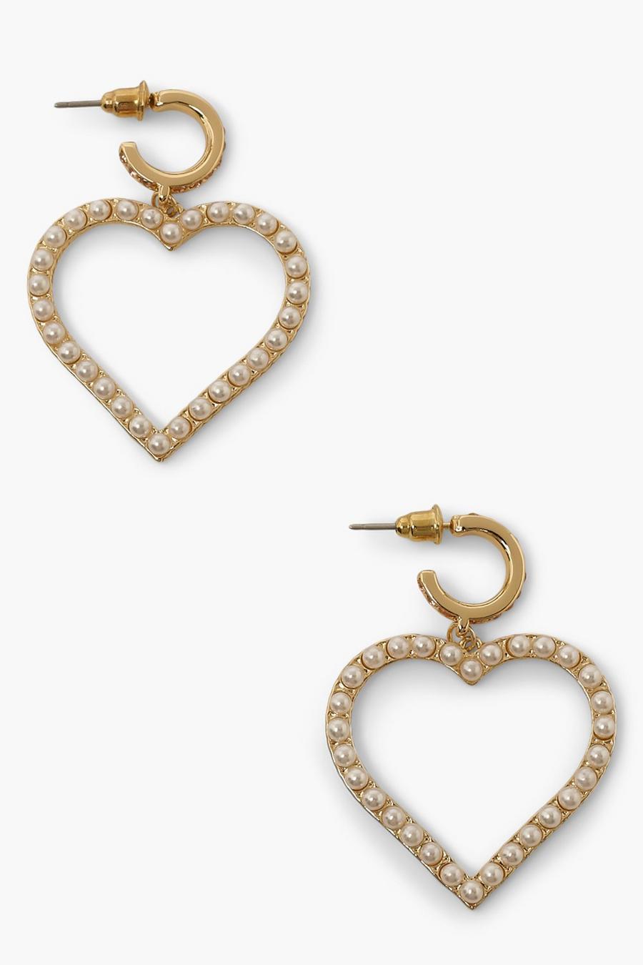 Gold Pearl & Pink Rhinestone Heart Earrings image number 1