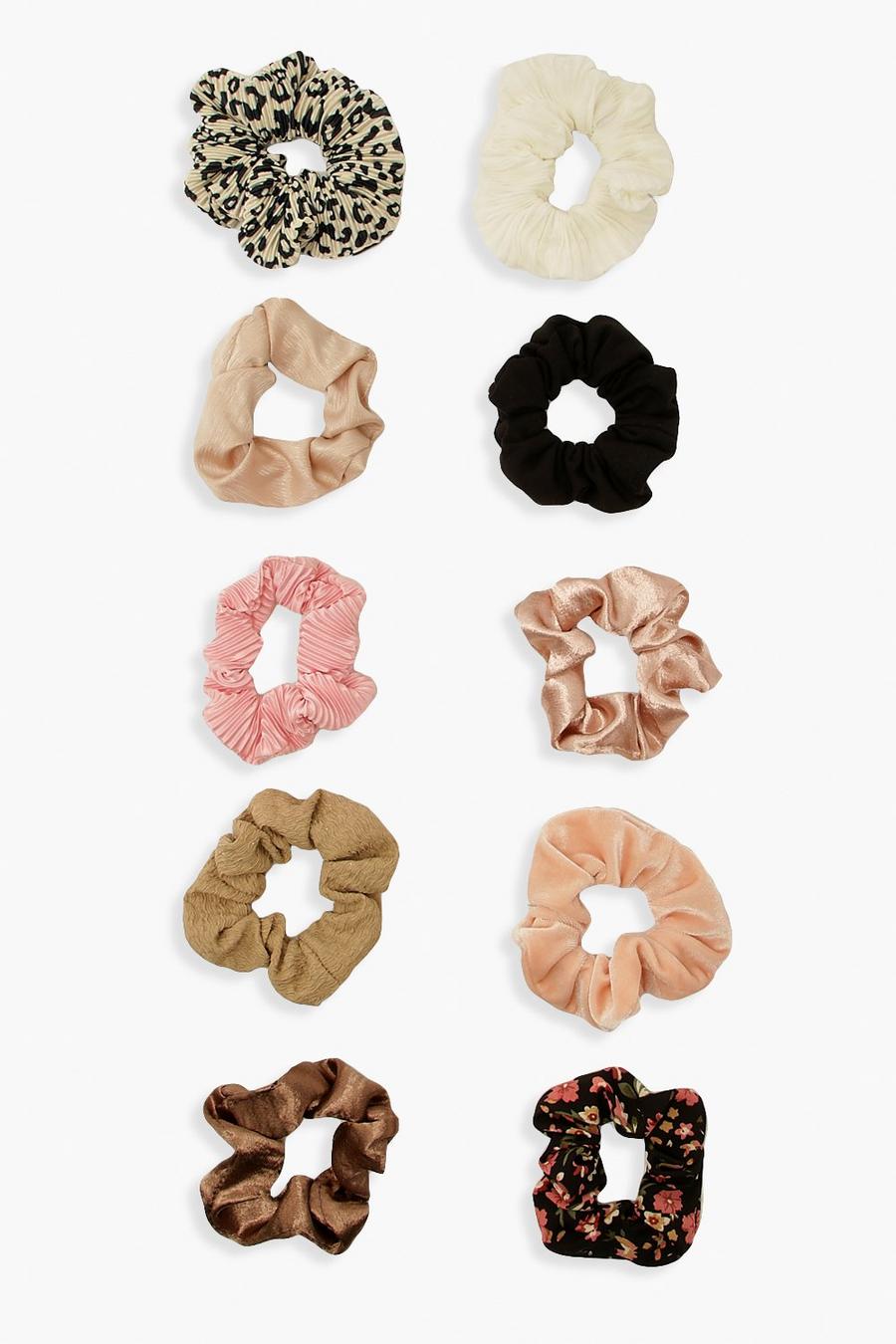 10er-Pack Scrunchies in Rosa, Pastell und Schwarz-Weiß, Mehrfarbig image number 1