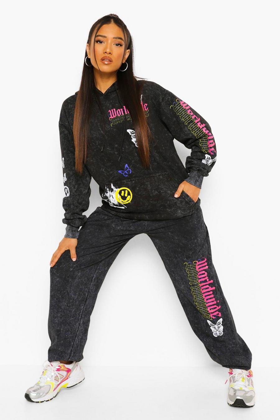 Charcoal Petite Acid Wash Butterfly Print Tracksuit image number 1