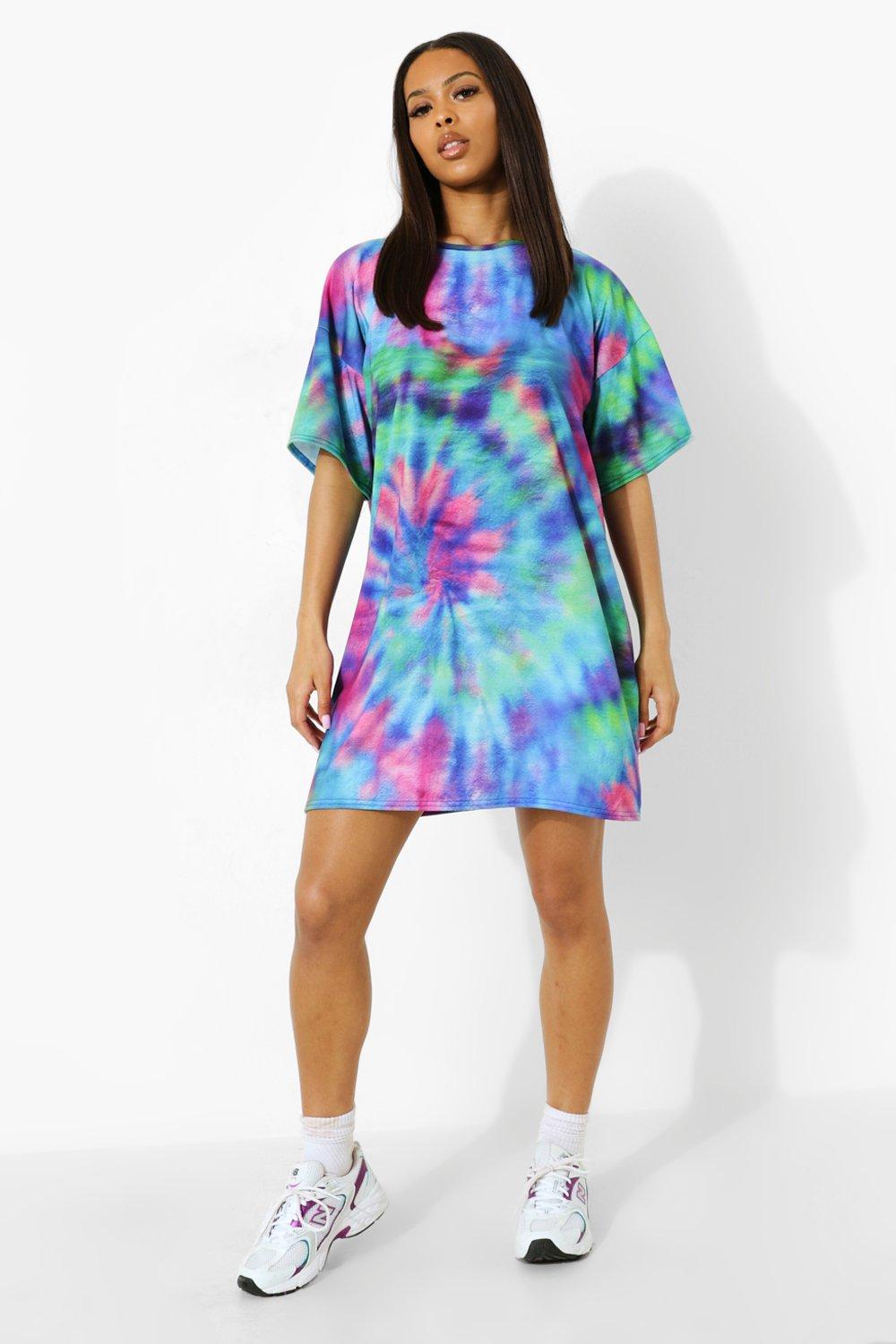 Women Tie-Dye Belted T-Shirt Dress - Multi / S