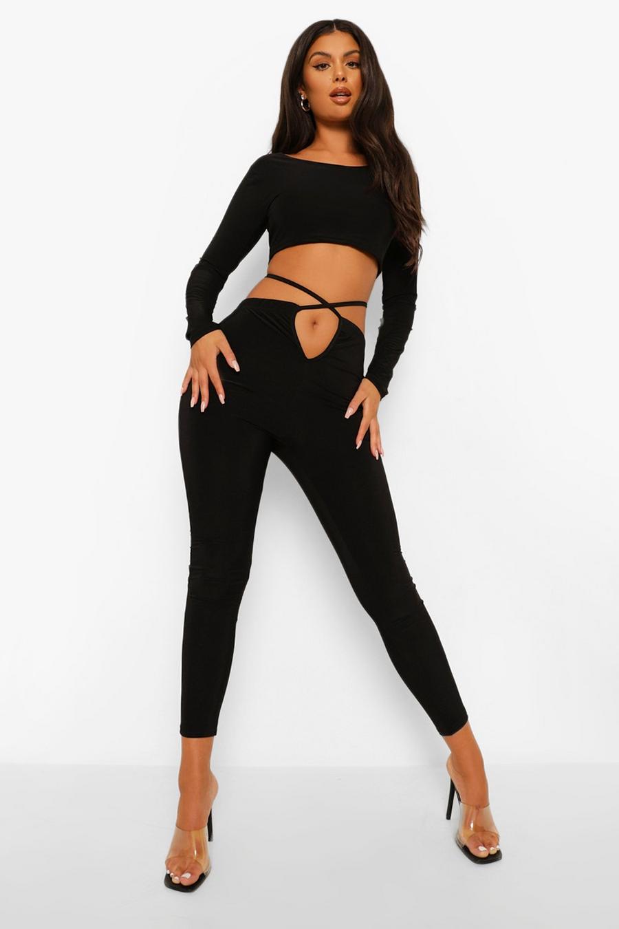 Black Double Layer Slinky Crop & Cut Out Leggings image number 1