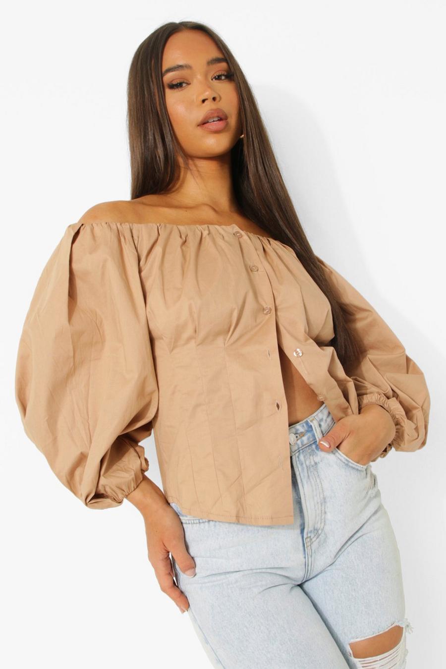 Sand Balloon Sleeve Off The Shoulder Shirt image number 1