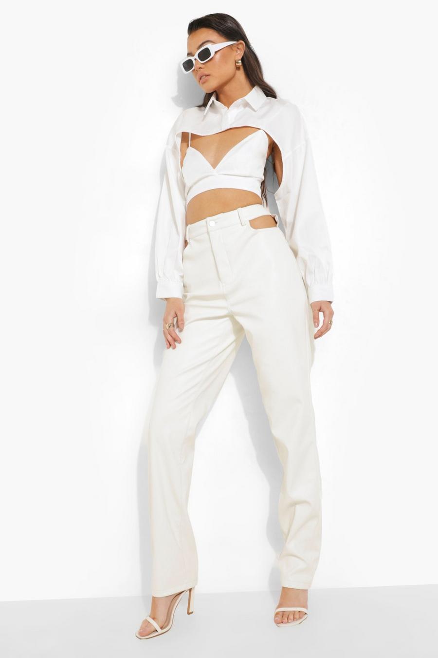 White Cut Out Detail Premium Faux Leather Pants image number 1